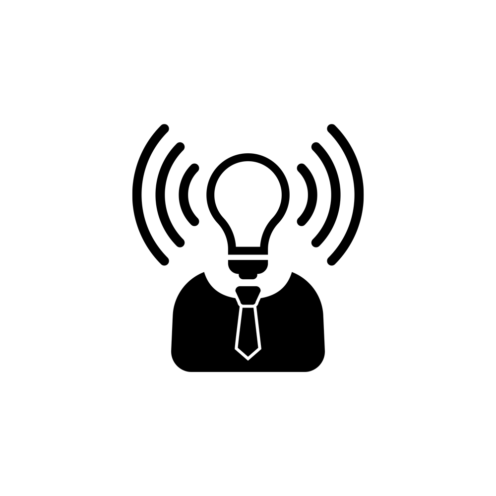 a simple, black, logo of a torso of a business man with a light-bulb for a head.