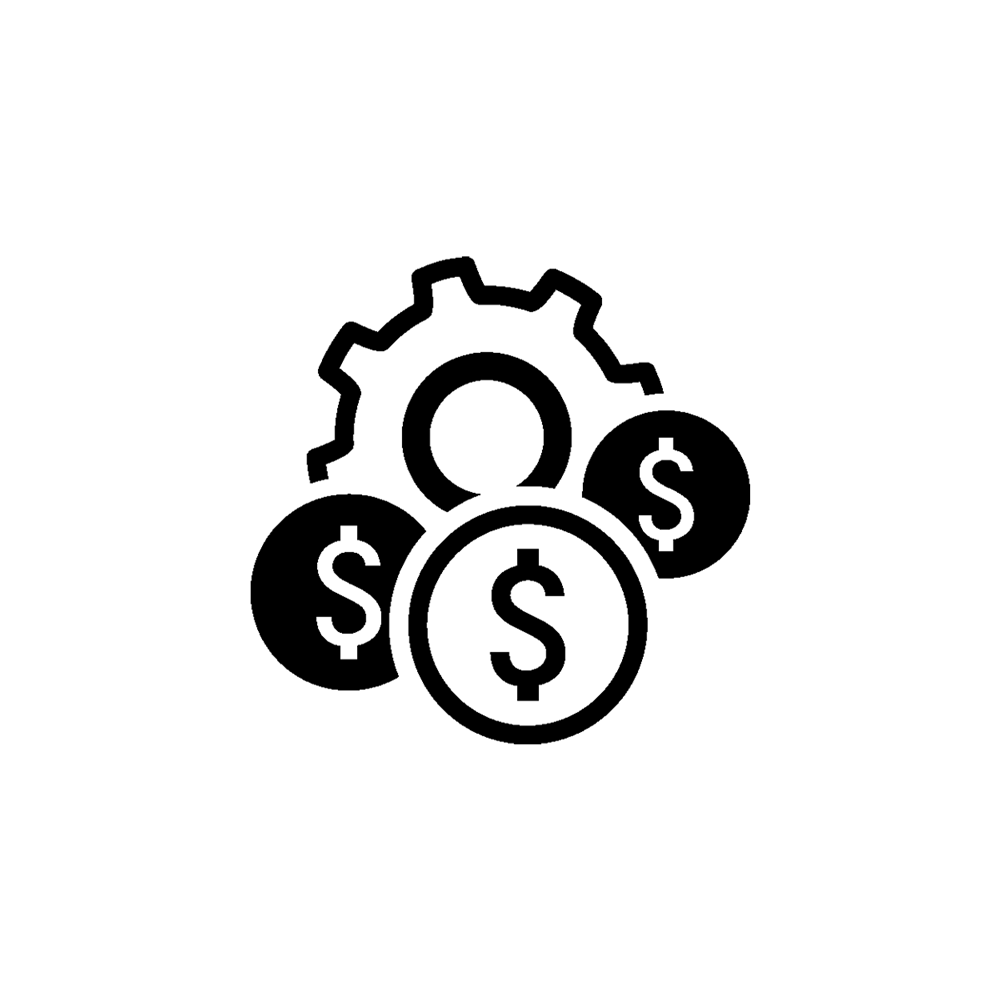 a simple, black, logo of a gear and dollar signs grouped together.