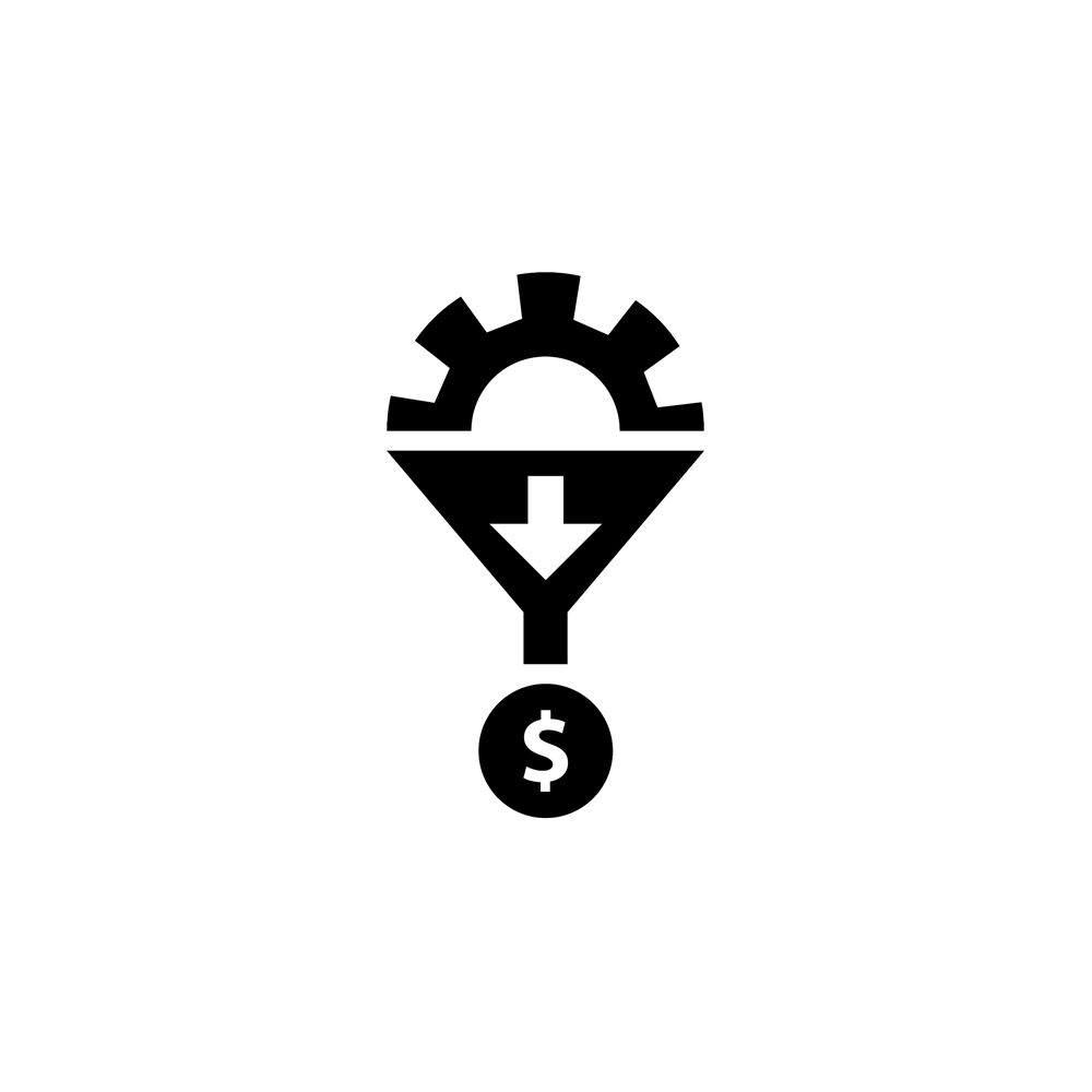 a simple, black, logo of a gear going into a funnel and coming out as profits.
